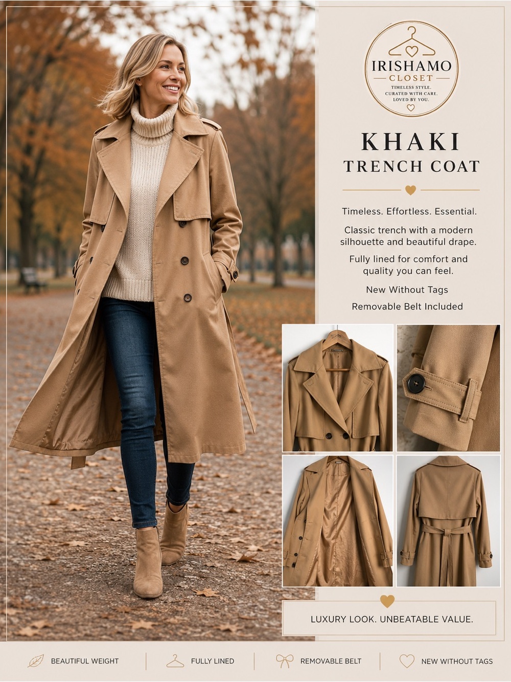 Khaki Trench Coat - Classic Women's Long Coat - XL